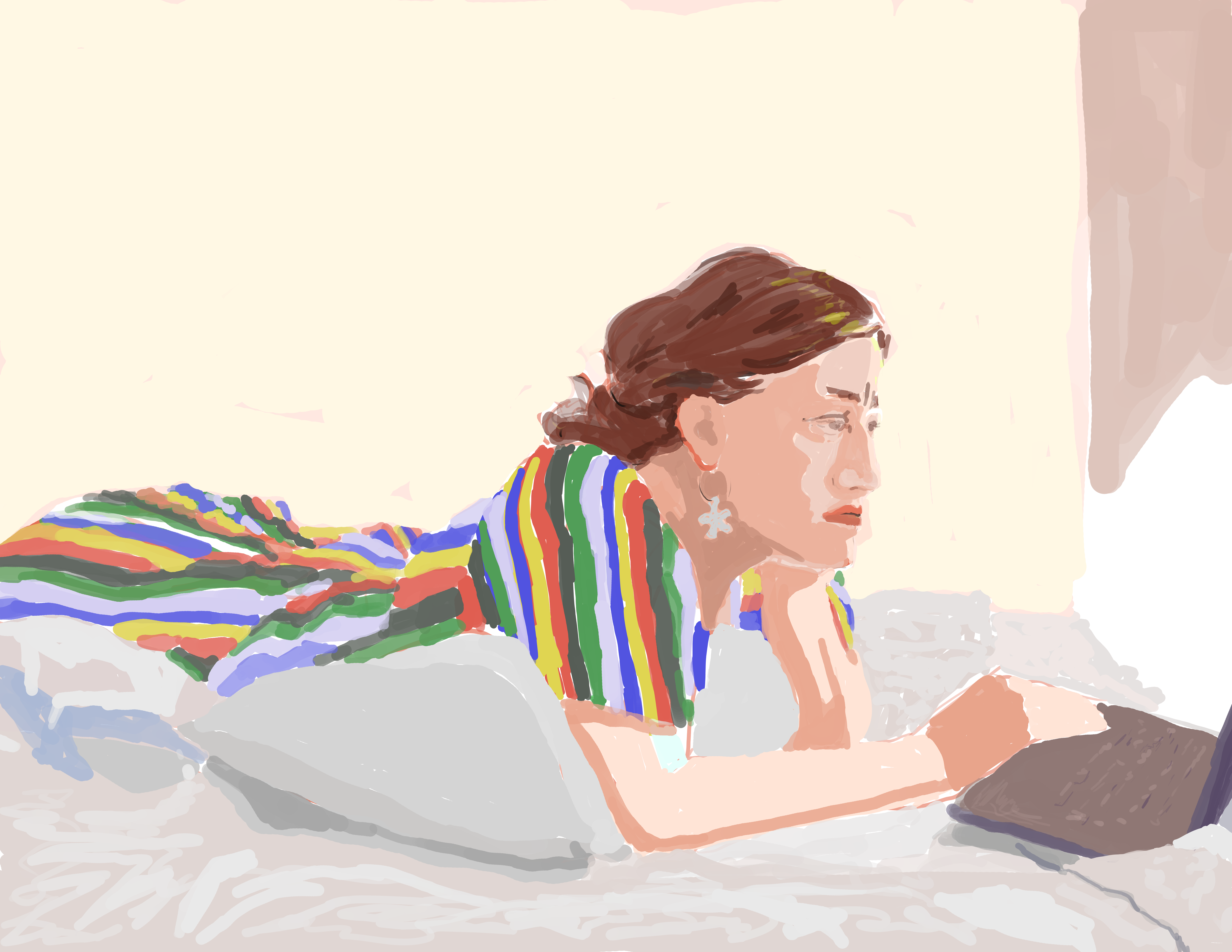 Painting of a teacher grading on a laptop. She's laying on her belly, on a bed