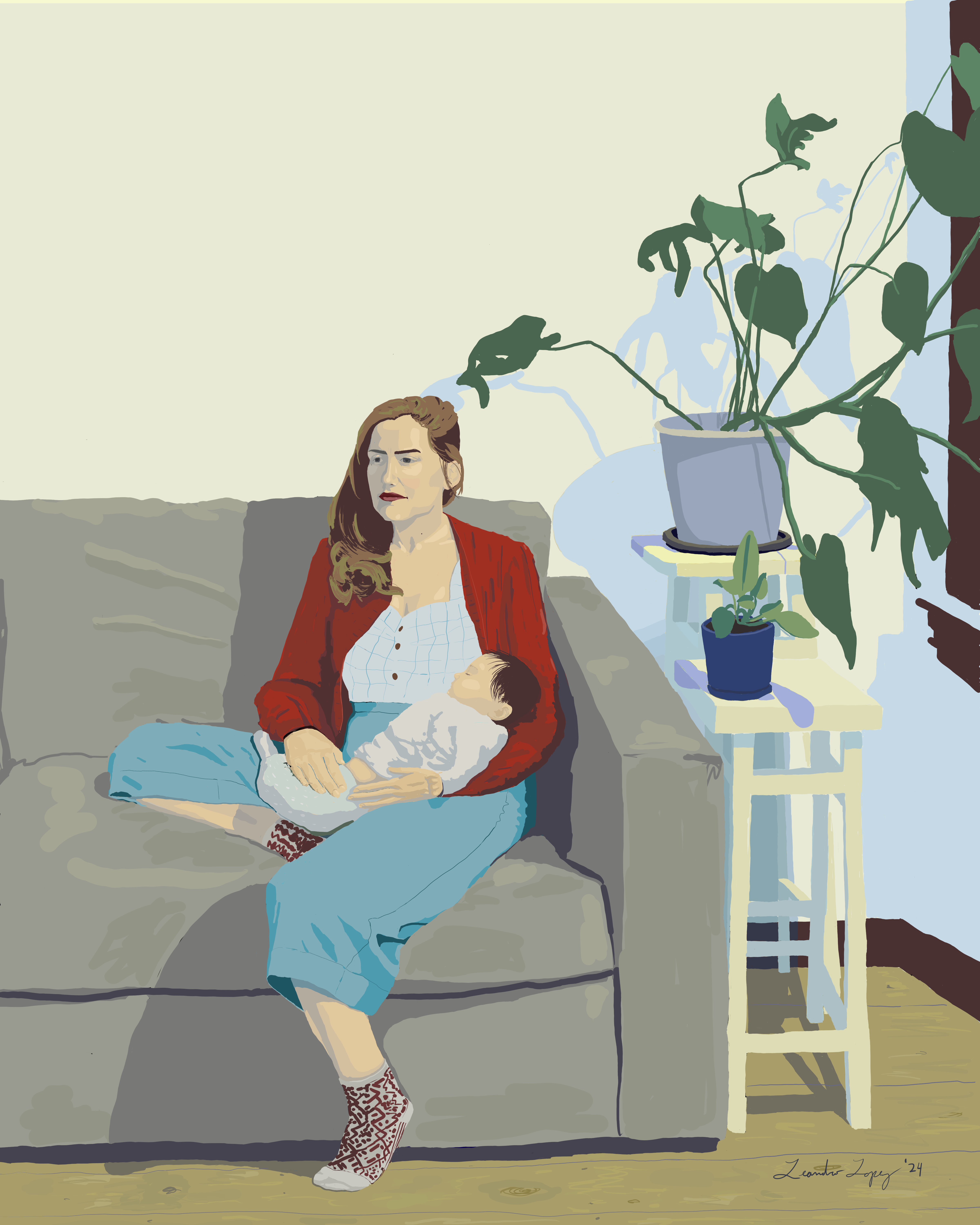 Digital painting of a mother holding her sleeping infant.