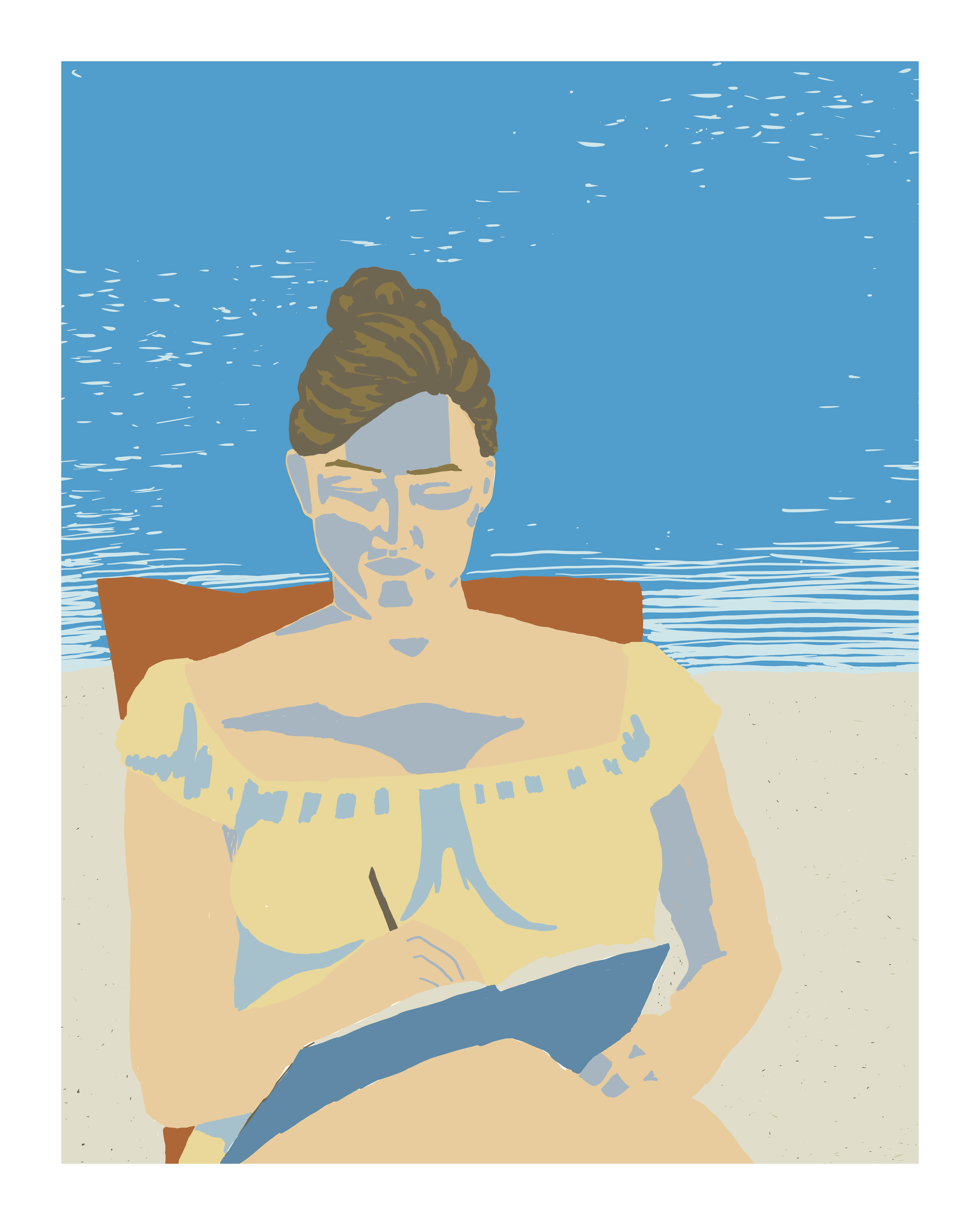Digital painting of A woman journaling at the beach.