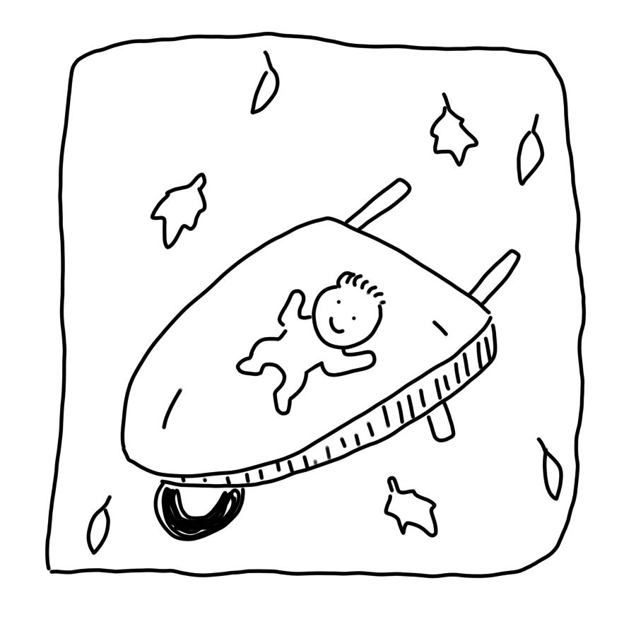 A cute illustration of a baby in a wheelbarrow surrounded by fall leaves.